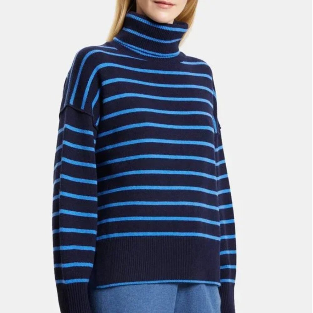 Brand new Theory luscious Striped navy sky blue Turtleneck in Wool-Cashmere